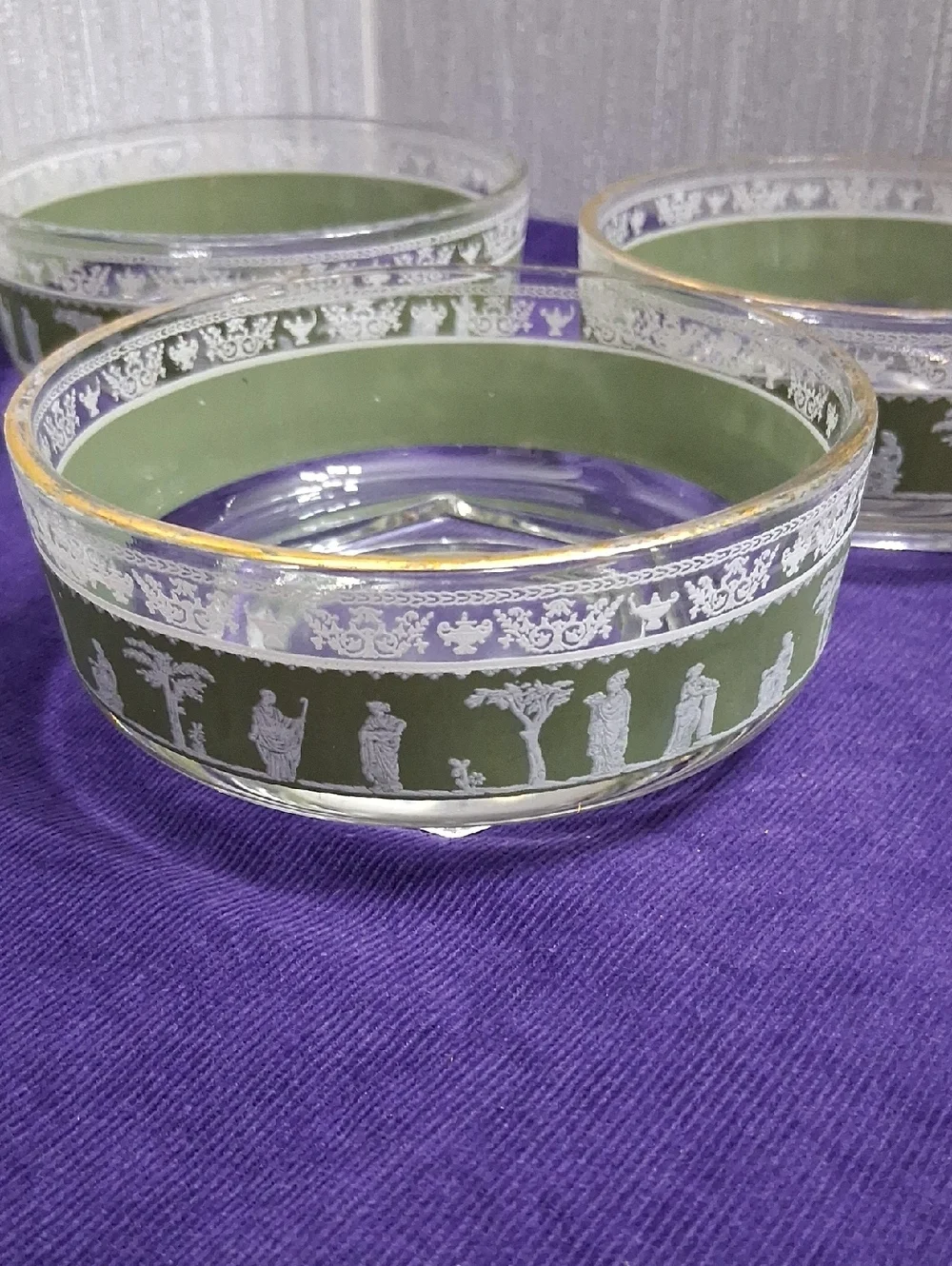Vintage Jeanette Glass Bowl Set Hellenic Green Jasperware Style Ice Dessert